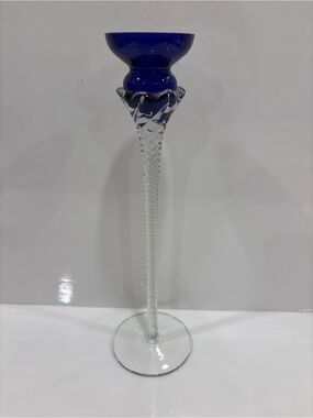 Vintage hand blown cobalt blue art glass candlestick holder twisted optic stem